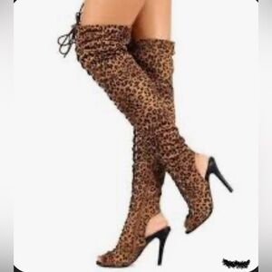 Animal Leopard Print 8 Lace Up Open Toe Thigh High Heeled Booti